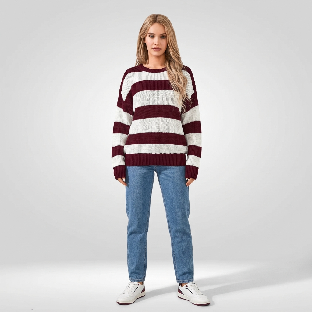 Damen Vintage Strickpullover Gestreift - Retro Pullover für Herbst & Winter